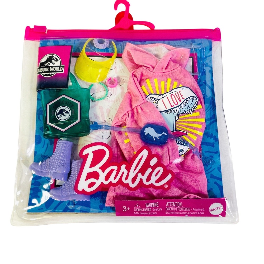 New Barbie Jurassic World Fashion Pack Kids UNOPENED Pink Hooded Dress & Access